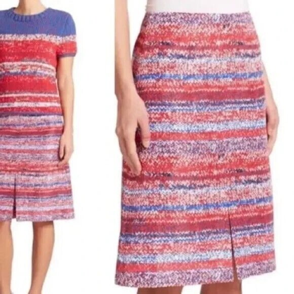 Tory Burch Red Mouline Bright Knit Print Pencil Skirt 100% Silk Size 12 NWT $395 - Picture 1 of 6